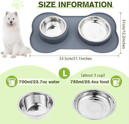 Pecute Dog Bowls – Large Stainless Steel Double Bowl Set with a Non-Slip, Non-Spill Silicone Mat Tray for Medium Dogs, Grey