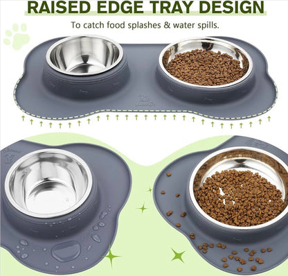 Pecute Dog Bowls – Large Stainless Steel Double Bowl Set with a Non-Slip, Non-Spill Silicone Mat Tray for Medium Dogs, Grey