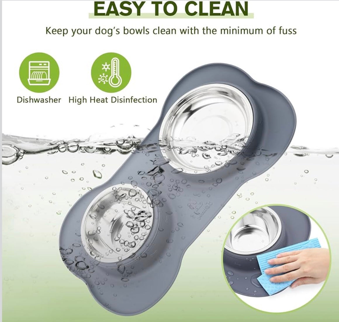 Pecute Dog Bowls – Large Stainless Steel Double Bowl Set with a Non-Slip, Non-Spill Silicone Mat Tray for Medium Dogs, Grey