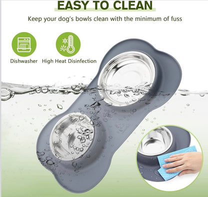 Pecute Dog Bowls – Large Stainless Steel Double Bowl Set with a Non-Slip, Non-Spill Silicone Mat Tray for Medium Dogs, Grey