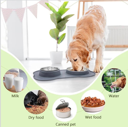 Pecute Dog Bowls – Large Stainless Steel Double Bowl Set with a Non-Slip, Non-Spill Silicone Mat Tray for Medium Dogs, Grey