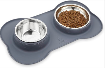 Pecute Dog Bowls – Large Stainless Steel Double Bowl Set with a Non-Slip, Non-Spill Silicone Mat Tray for Medium Dogs, Grey