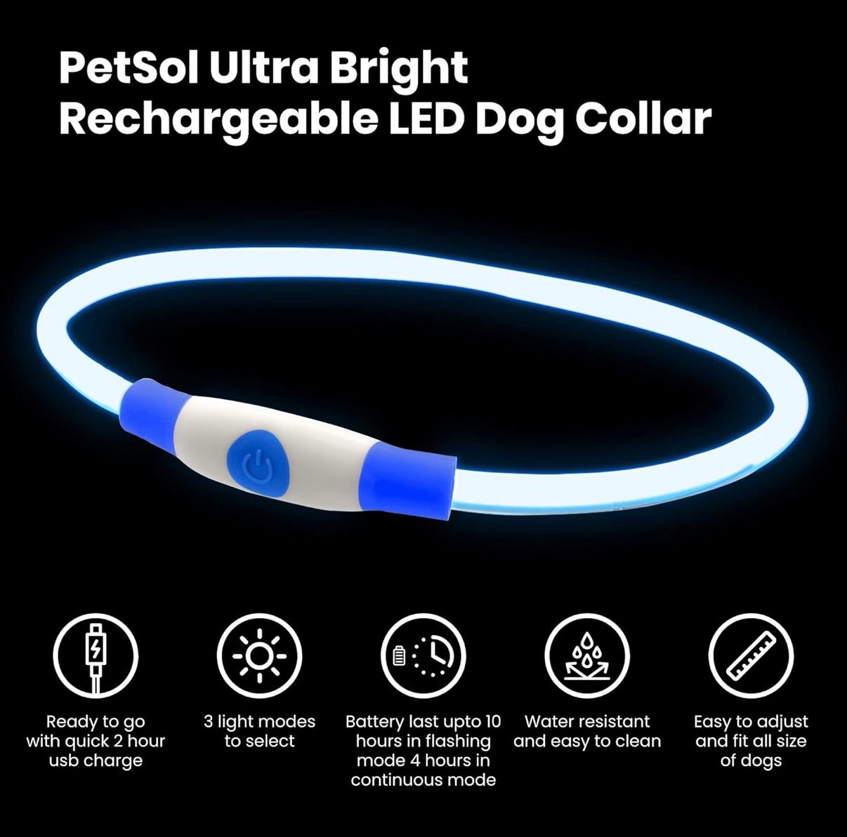 LED Dog Collar – USB Rechargeable Safety Light Collar for Dogs, Cats & Puppies with a Fashionable Glow-in-the-Dark Design.